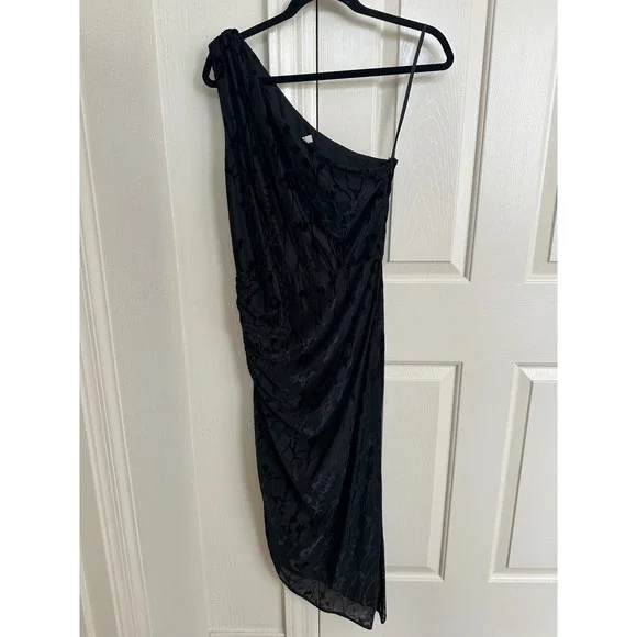 Hutch Black Floral Burnout Velvet One Shoulder Ruched Midi Dress M - Picture 2 of 11